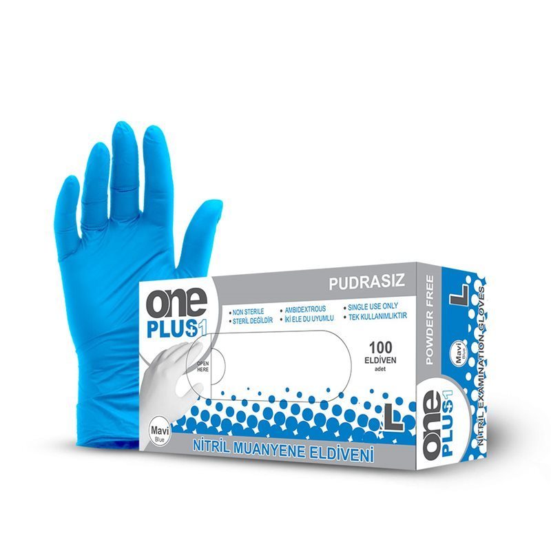 One Plus Mavi Nitril Muayene Eldiveni Pudrasız 100 lü Paket